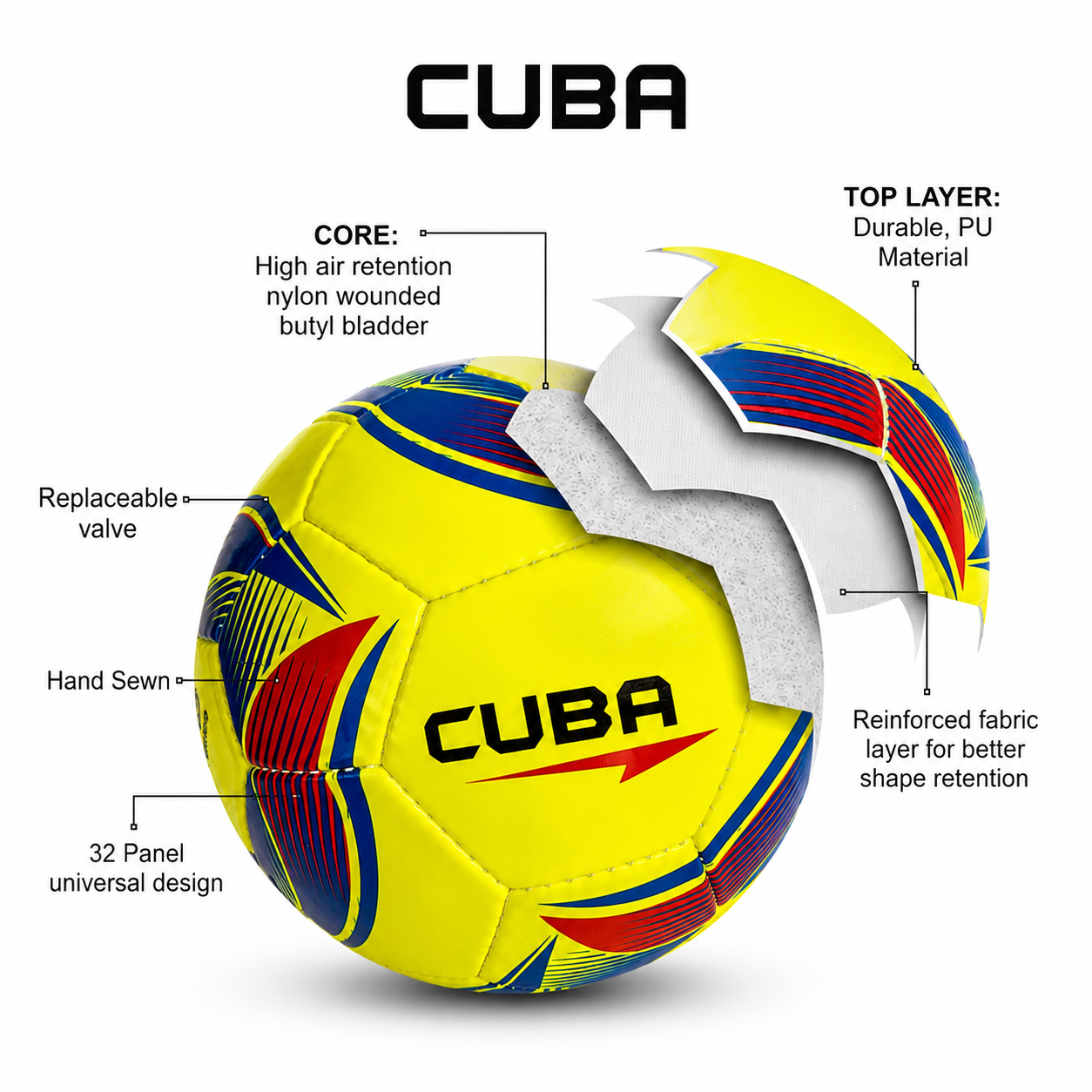 Daylite Cuba Football, Size 5, 32 Panels, PU Material, Hand Sewn